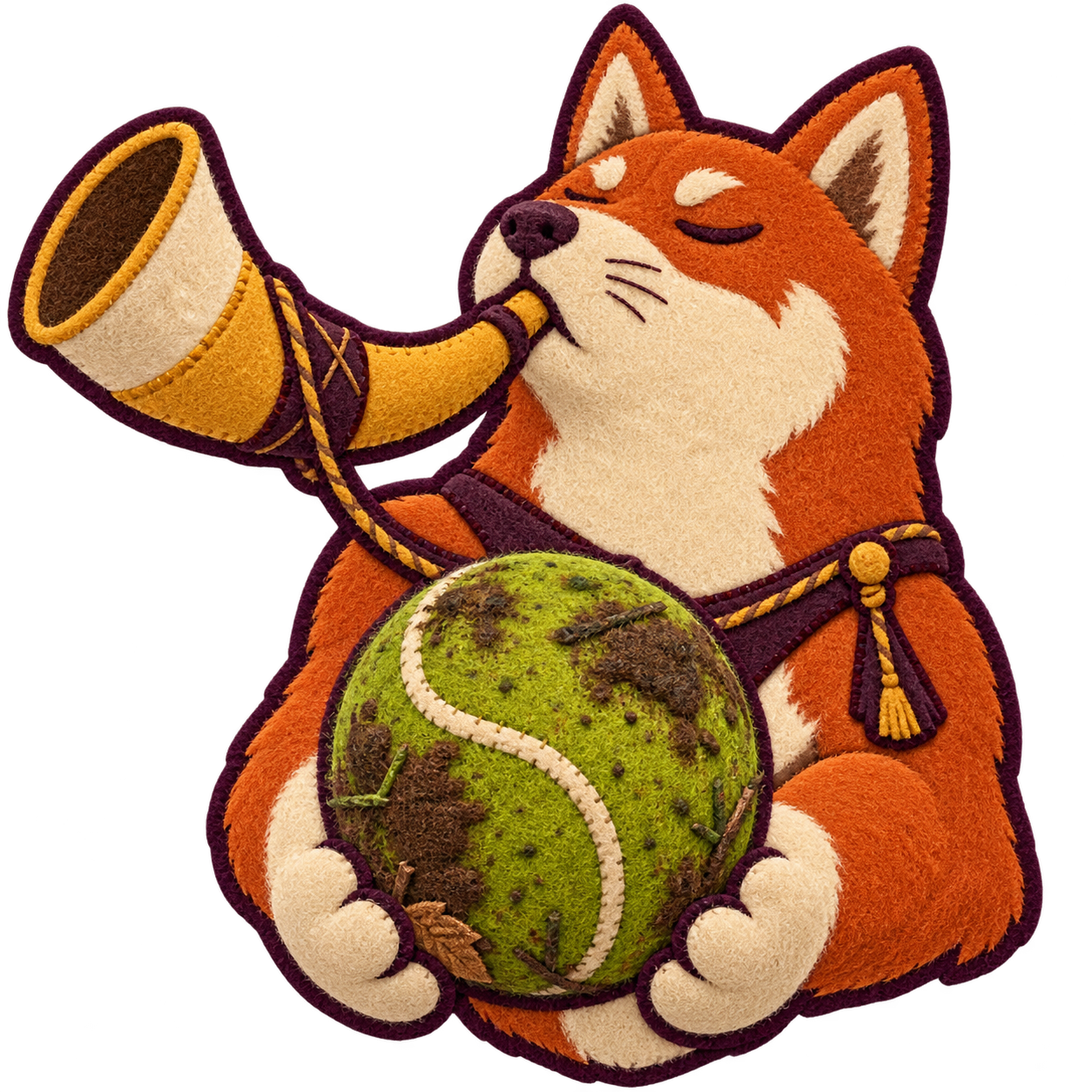 A solemn felt Shiba Inu blowing an animal horn while holding a muddy tennis ball